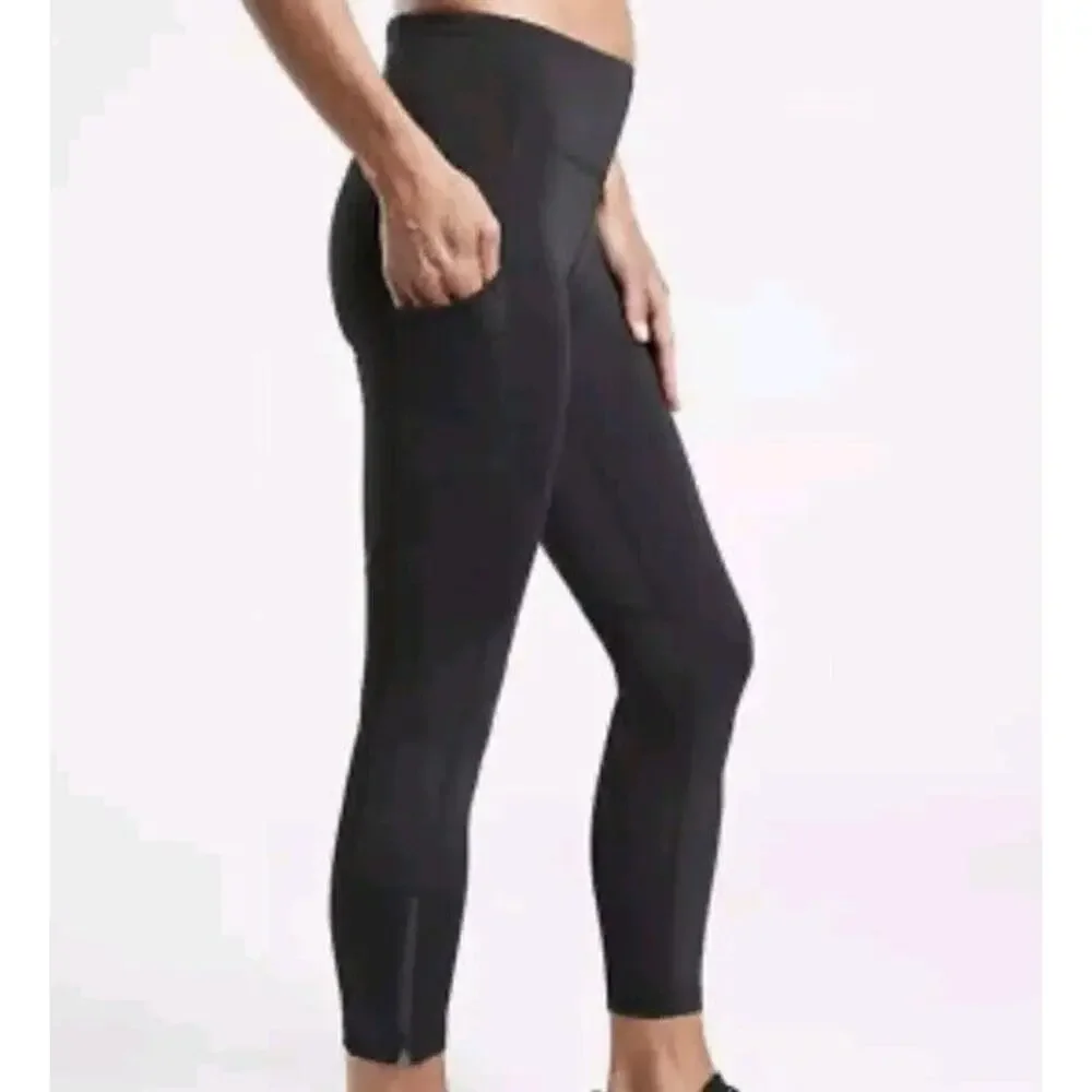 Athleta 7/8 Tight‎ Leggings Medium Black Pockets Ankle Zippers Vented Womens
